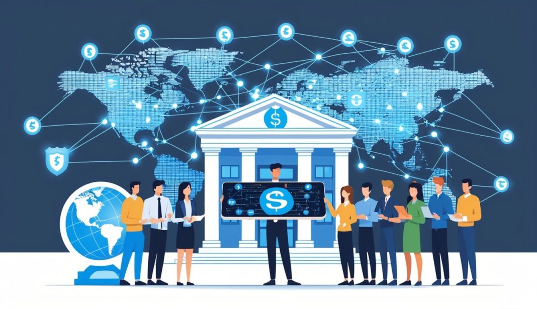 Bankovni zaposlenik objašnjava koncept SWIFT koda grupi ljudi ispred banke s prikazom digitalne mreže i globusa u pozadini.