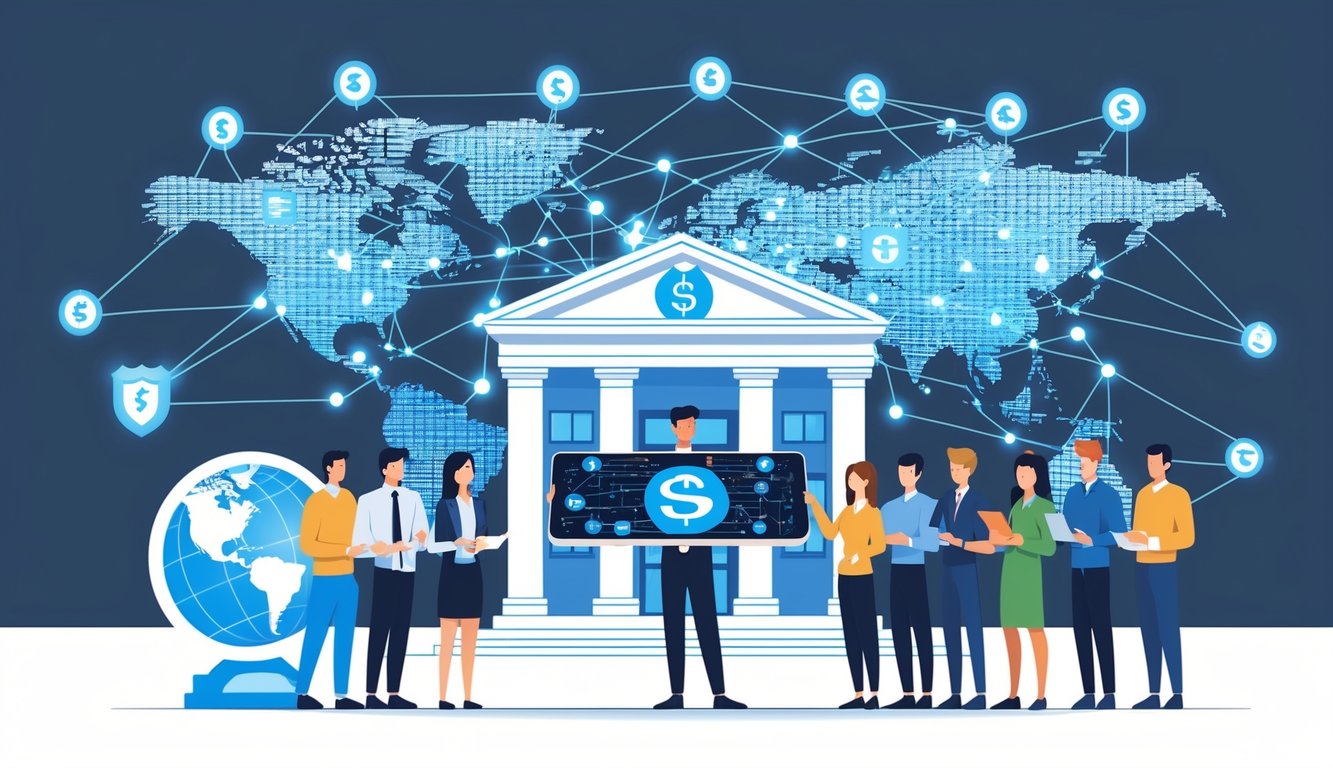 Bankovni zaposlenik objašnjava koncept SWIFT koda grupi ljudi ispred banke s prikazom digitalne mreže i globusa u pozadini.