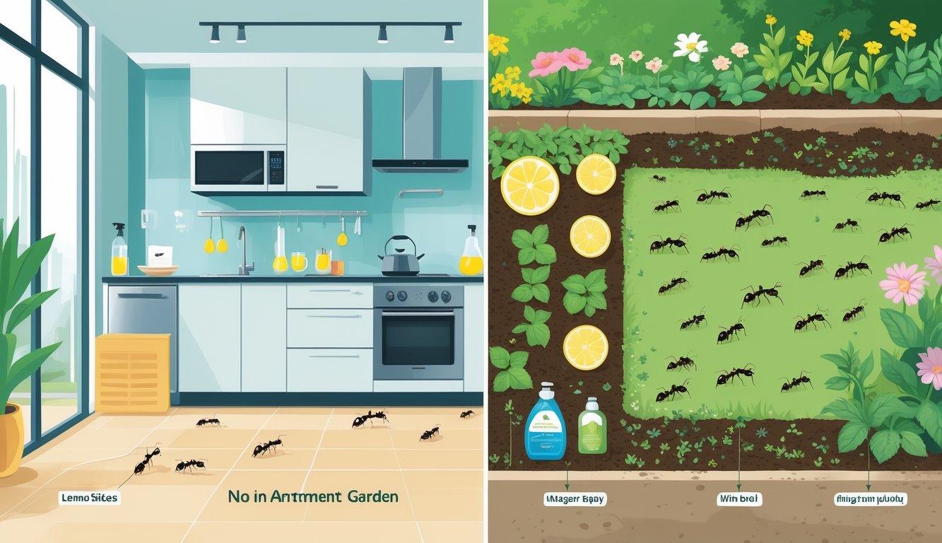 Prikaz stana i vrta s mravima te različite prirodne metode uklanjanja mrava u oba prostora.
