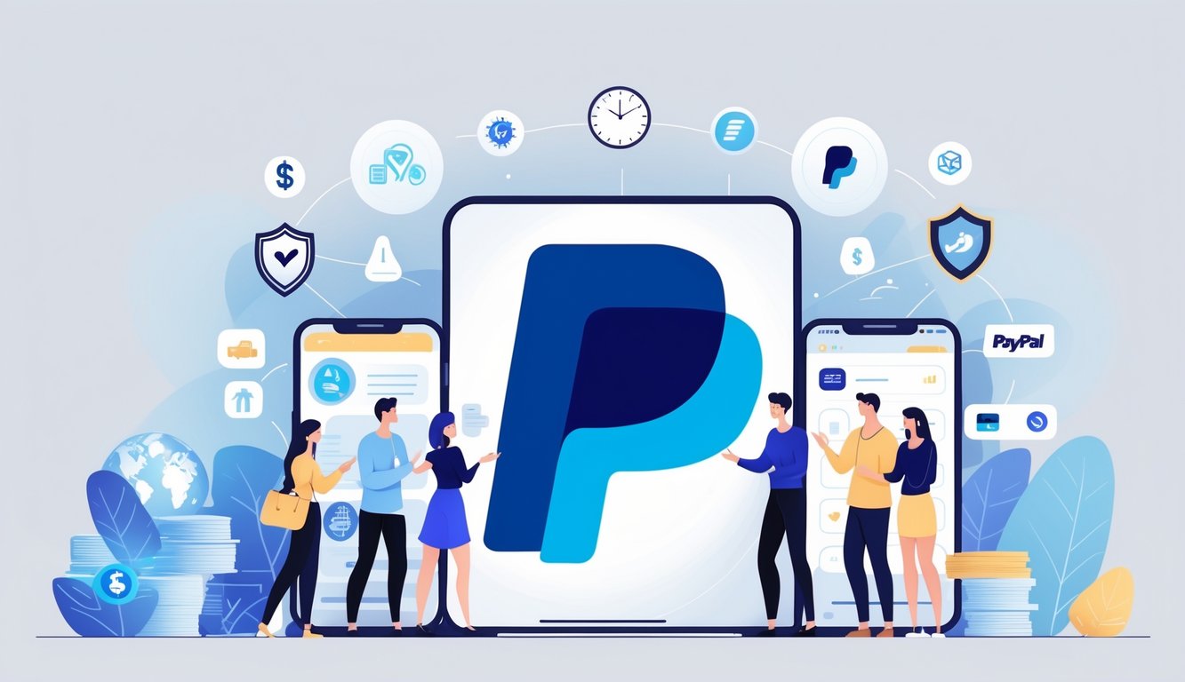 Ljudi različitih dobi i etničkih pripadnosti okupljeni oko velikog PayPal logotipa, okruženi simbolima sigurnosti, brzih plaćanja, globalne povezanosti i upozorenjima koja predstavljaju prednosti i nedostatke PayPala.