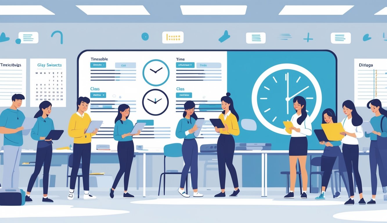 Skupina studenata u učionici pregledava rasporede sati na digitalnim uređajima, uz prikaz sata i kalendara u pozadini.