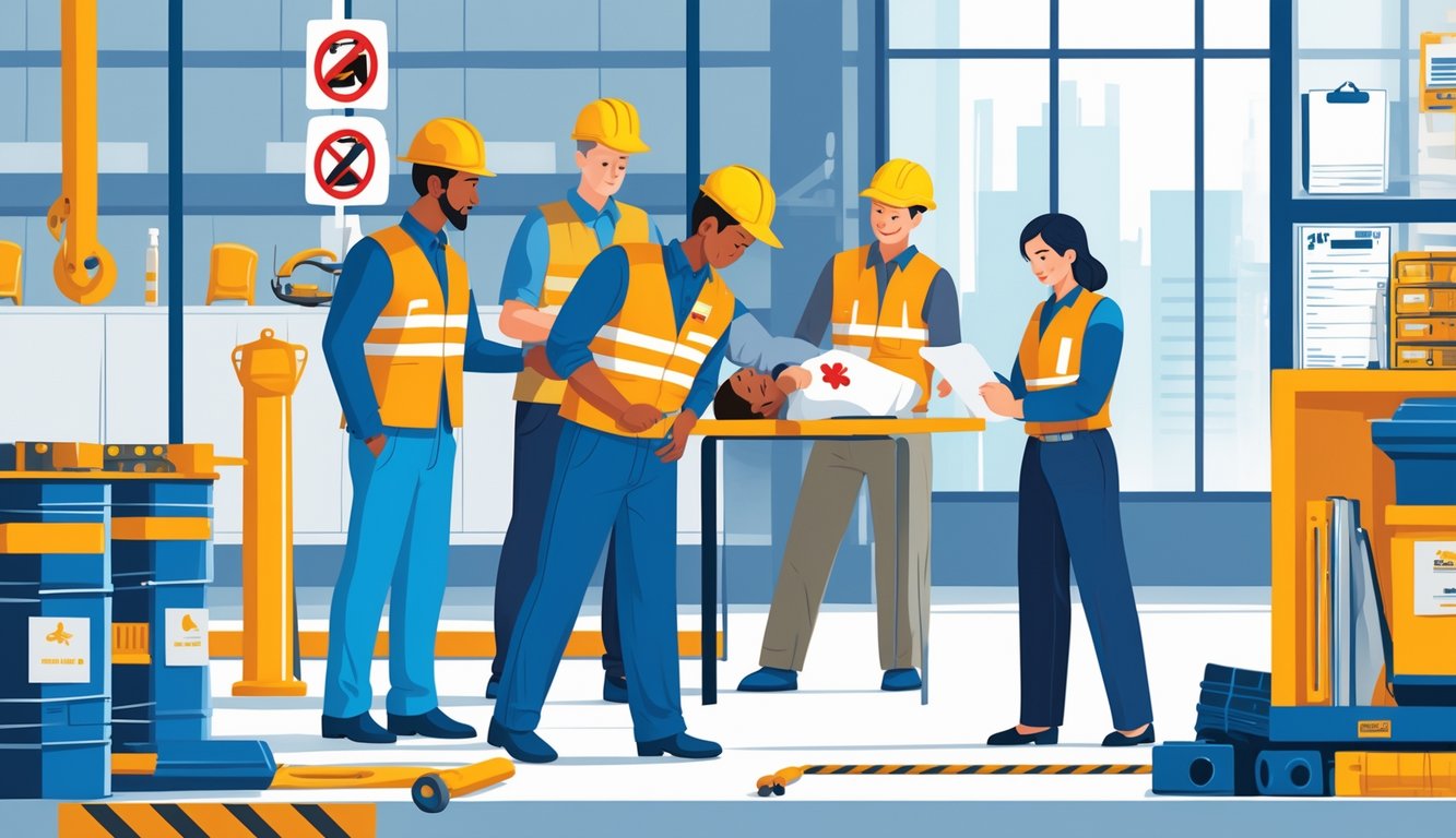 Radnik ozlijeđen na radnom mjestu prima prvu pomoć dok nadzornik pomaže s prijavom ozljede, a u pozadini osoba za naknadu pregledava dokumente.