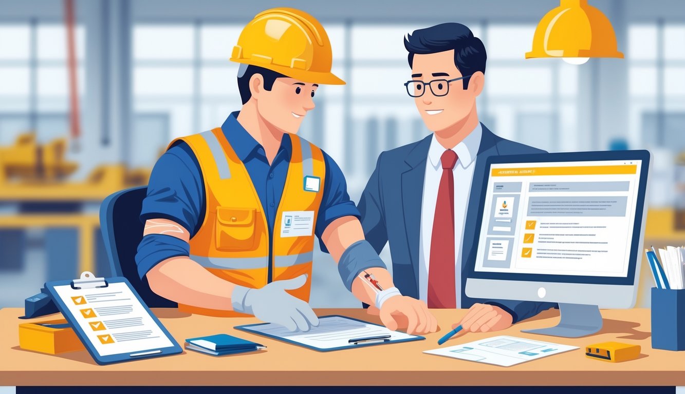 Radnik s ozljedom na radu razgovara s osobom iz ljudskih resursa u uredu, okruženi su dokumentima i računalom koji simboliziraju prijavu i naknadu za ozljedu.