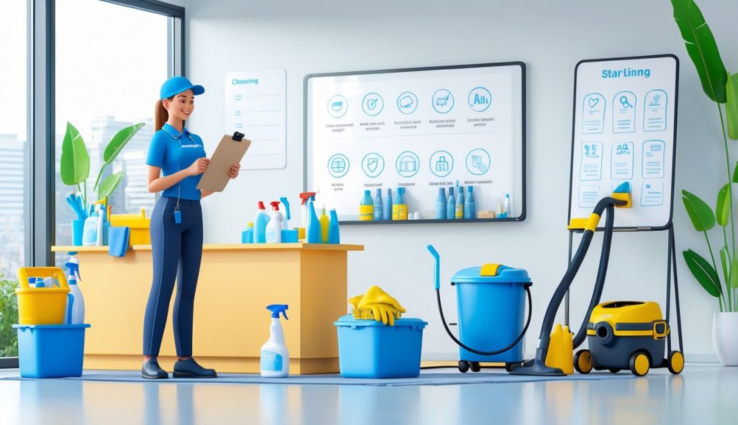 Osoba u uredskom prostoru pokazuje klijentu različite alate za čišćenje i objašnjava važne aspekte otvaranja servisa za čišćenje.