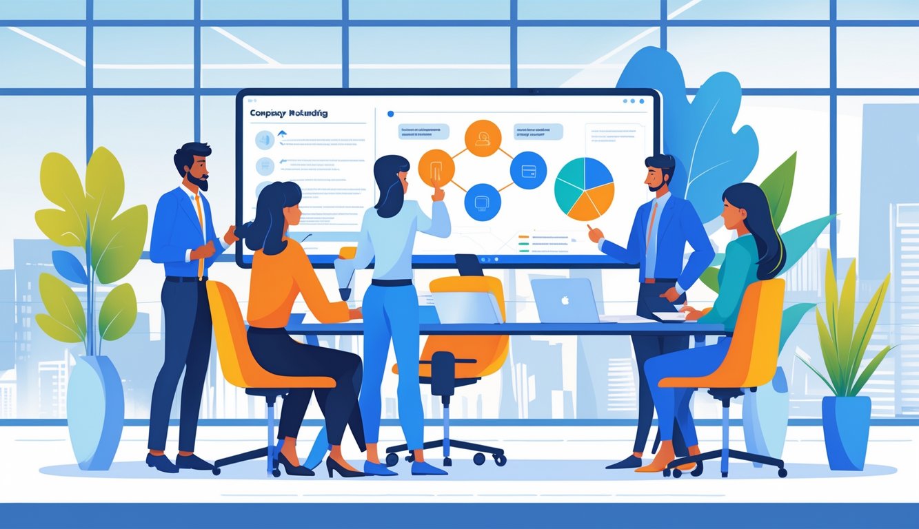 Četiri profesionalca u uredu raspravljaju o promjeni imena tvrtke za vrijeme sastanka.