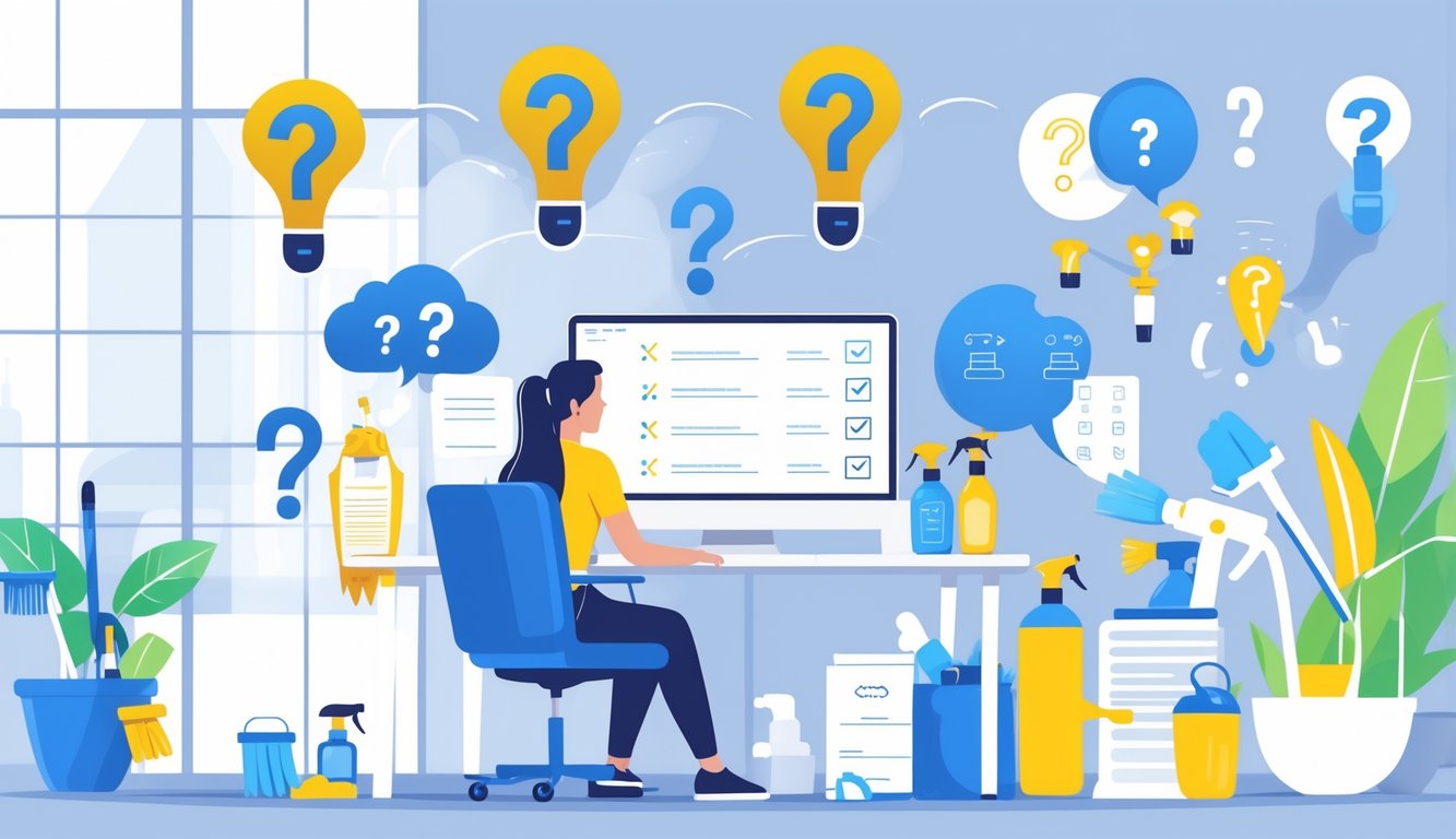Ured za servis čišćenja s osobom koja razgovara s klijentom i simbolima pitanja i alata za čišćenje.