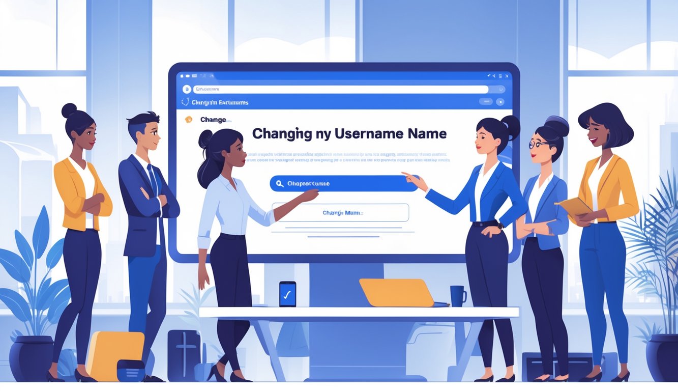 Grupa ljudi u uredu raspravlja o promjeni korisničkog imena na digitalnom zaslonu.