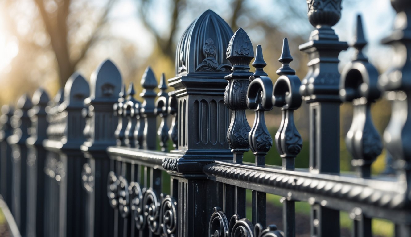 Detaljan prikaz ukrašene kovane metalne ograde na otvorenom.