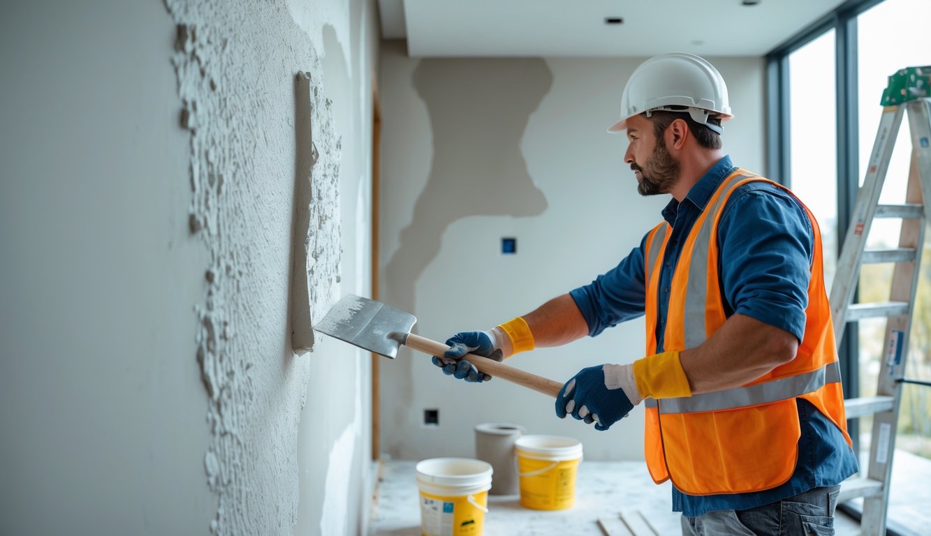 Radnik nanosi glet masu na zid unutar prostorije za renovaciju.