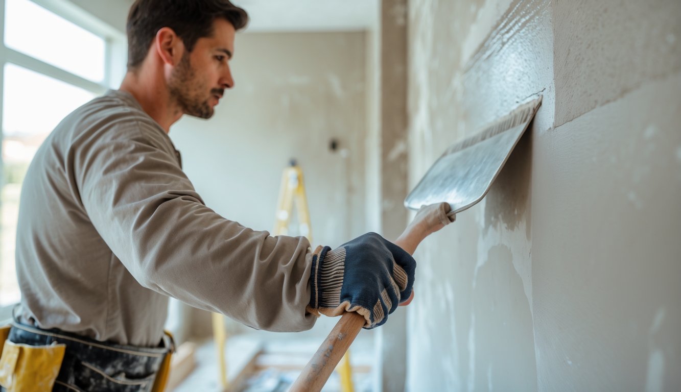 Radnik nanosi glet masu na zid u prostoriji tijekom renovacije.