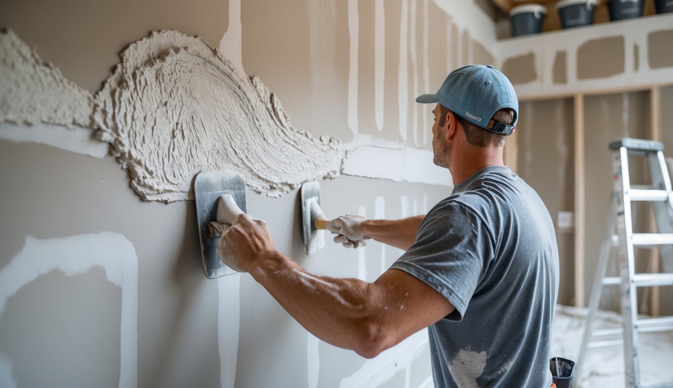 Radnik nanosi glet masu na zid unutar prostorije.