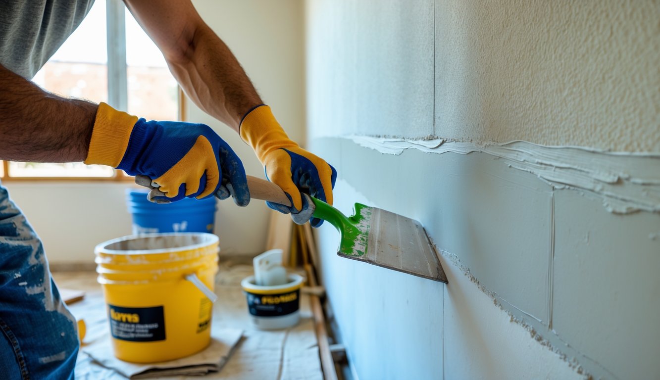 Radnik priprema zid za gletanje koristeći alat za izravnavanje površine zida u sobi tijekom obnove.