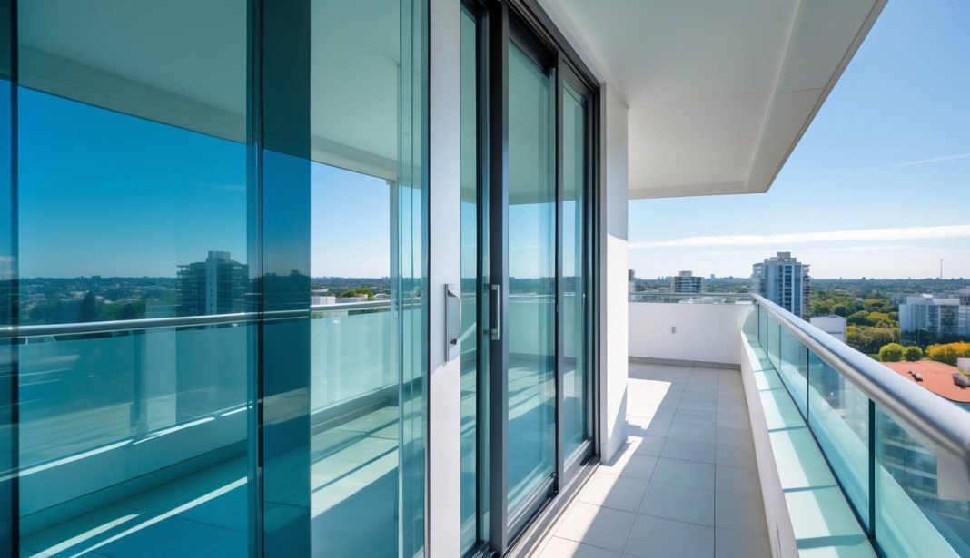 Moderna terasa s djelomično zatvorenim staklenim panelima i gradskim pejzažom u pozadini.