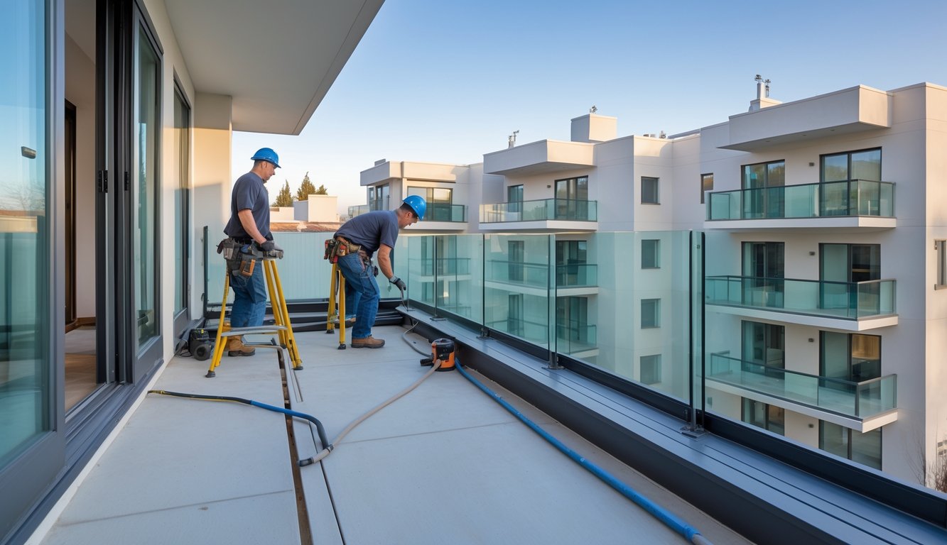 Moderan balkon u procesu zatvaranja staklenim panelima s radnicima koji postavljaju staklo na gradskoj zgradi.