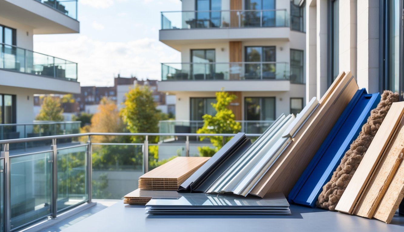 Različiti materijali za zatvaranje balkona izloženi na stolu ispred modernog balkona u urbanom okruženju.