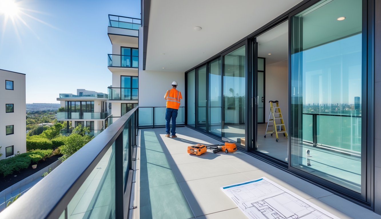 Moderan zatvoreni balkon s profesionalcem koji mjeri ili pregledava instalaciju uz gradski pejzaž u pozadini.