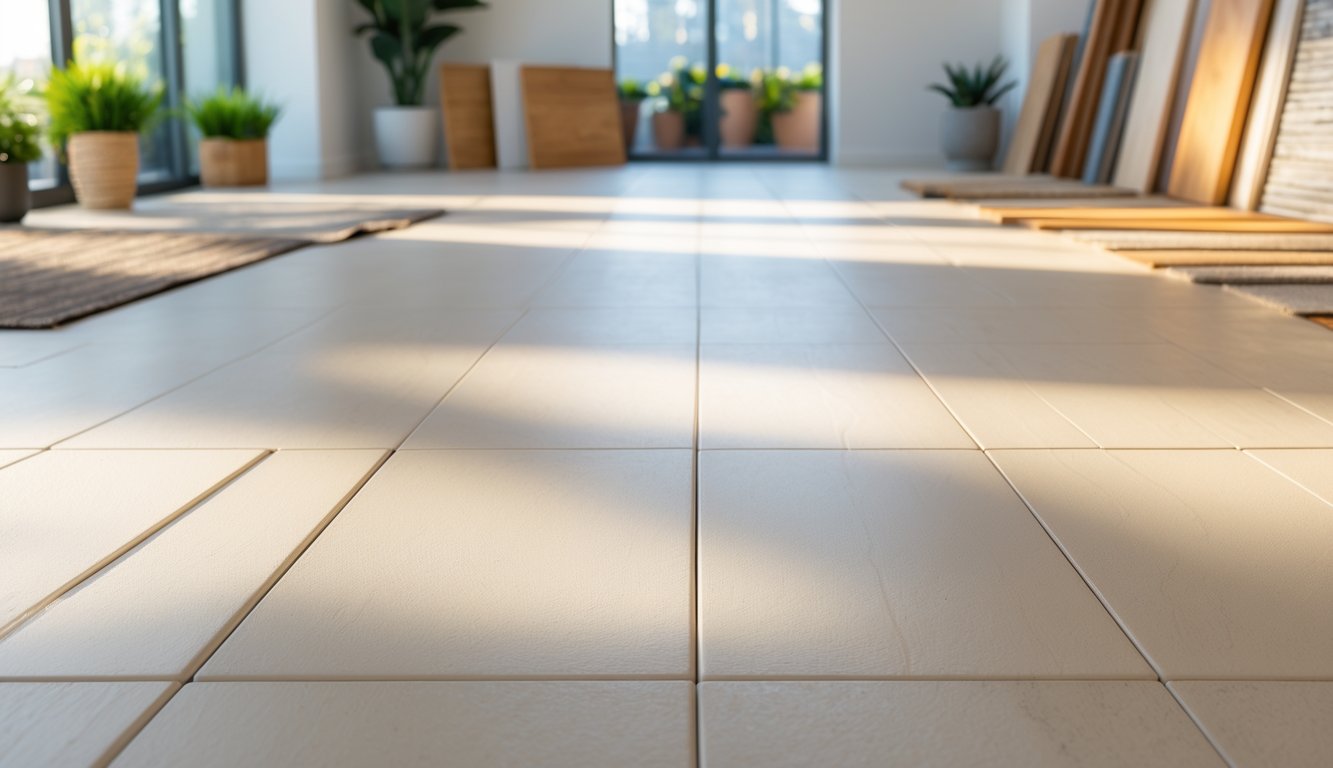 Moderna soba s linoleum podom i uzorcima drugih podnih obloga za usporedbu.