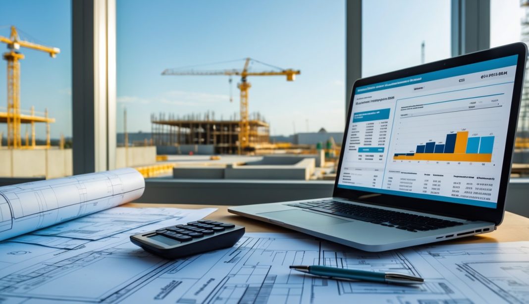 Radni stol arhitekta s građevinskim planovima, kalkulatorom i prijenosnim računalom, s gradilištem u pozadini.