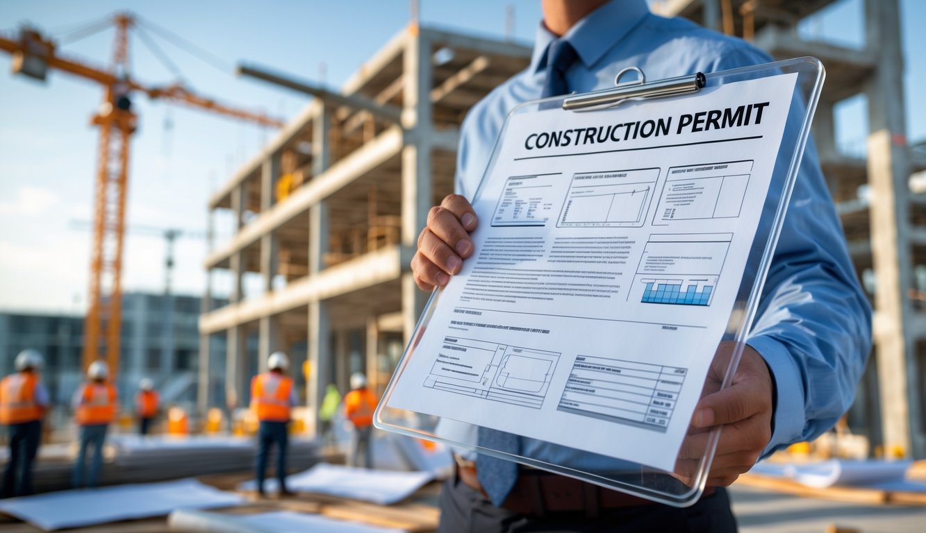 Ruka drži dokumente i nacrte na gradilištu s radnicima i dizalicama u pozadini.