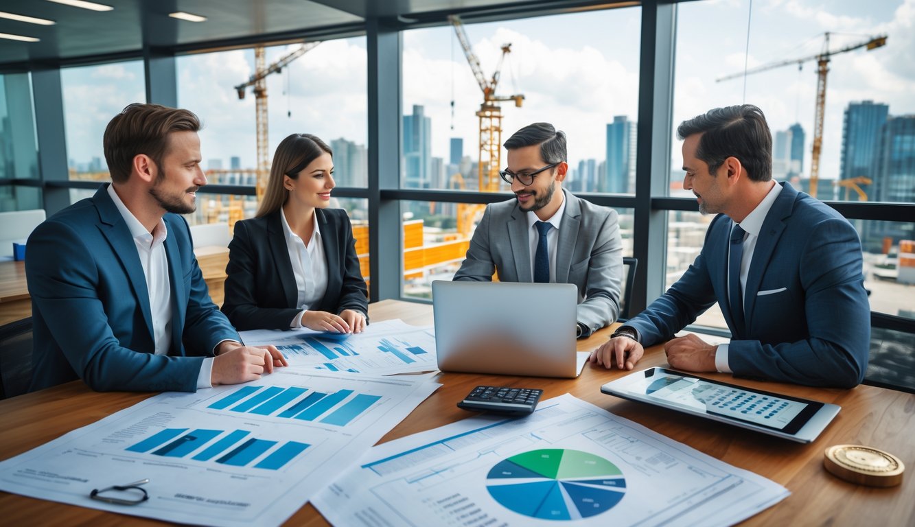 Grupa profesionalaca raspravlja o građevinskim planovima i dokumentima u uredu s pogledom na gradilište.