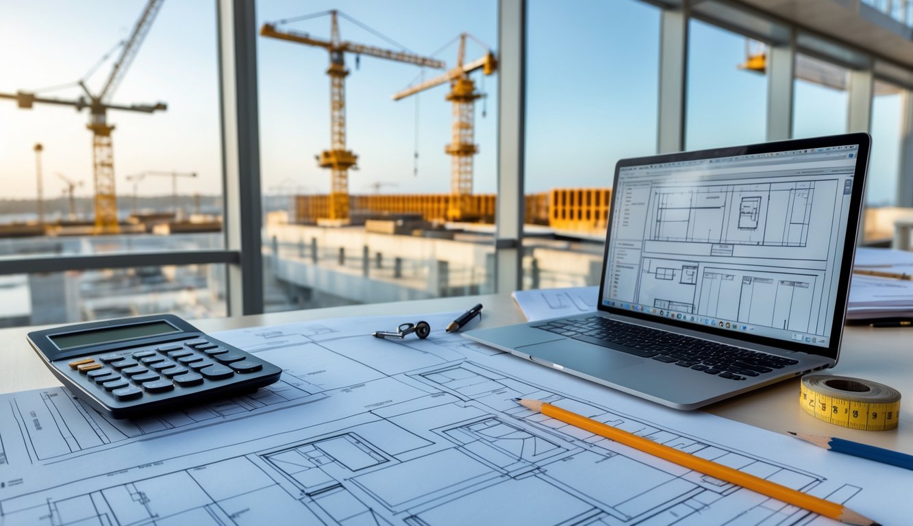Uredski stol s arhitektonskim nacrtima, kalkulatorom i prijenosnim računalom, s gradilištem u pozadini.