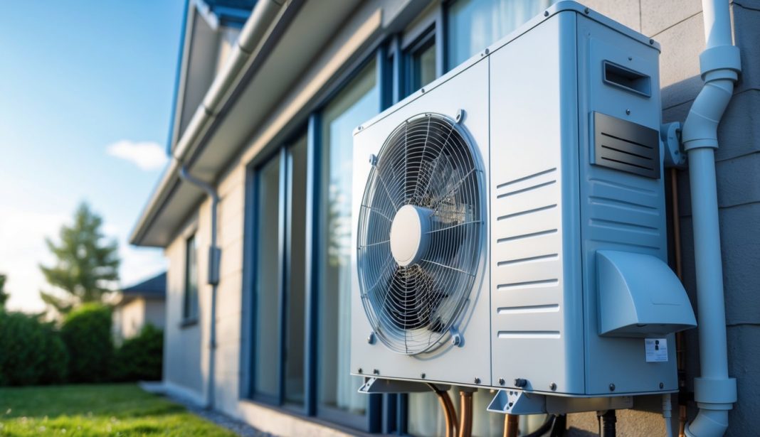 Toplinska dizalica postavljena na vanjski zid moderne kuće s plavim nebom i zelenilom u pozadini.