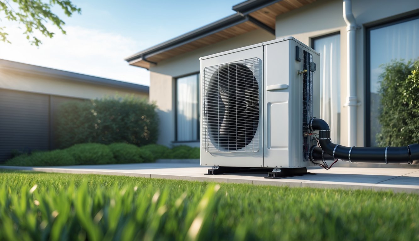 Vanjski prikaz moderne dizalice topline postavljene uz suvremenu kuću u dvorištu s travom i grmljem.