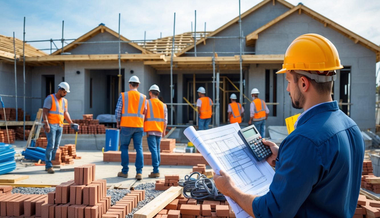 Gradilište kuće s radnicima i menadžerom koji drži nacrte i kalkulator, okruženi građevinskim materijalima i alatima.