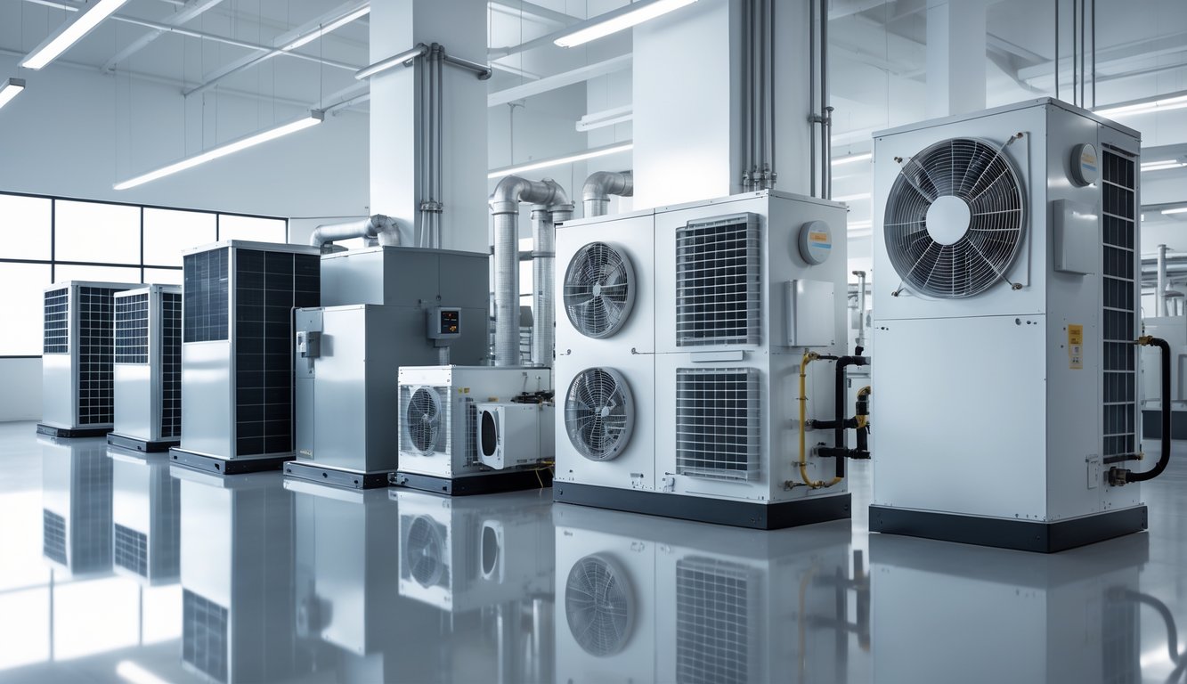 Različite vrste dizalica topline prikazane u industrijskom okruženju.