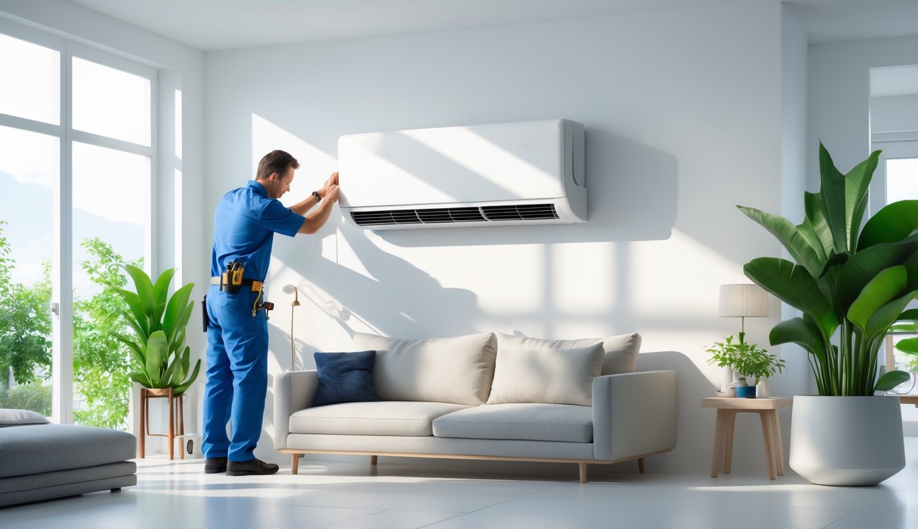 Tehničar instalira moderni klima uređaj u svijetloj sobi s minimalnim namještajem i biljkama.