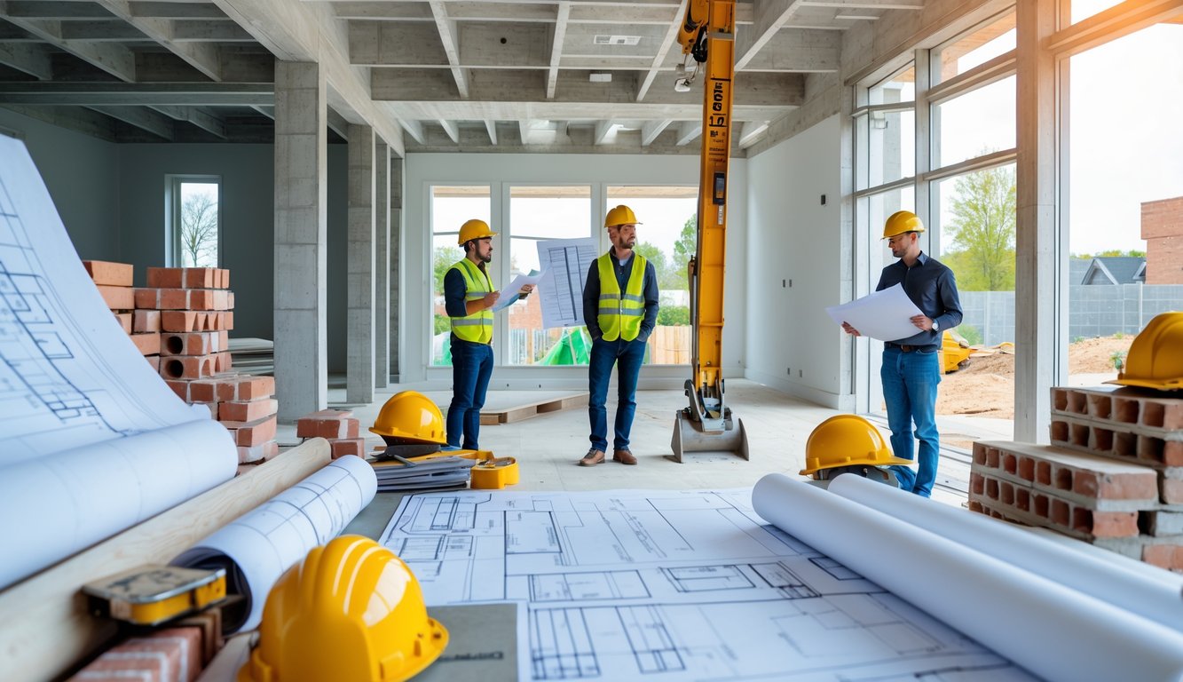 Gradilište kuće s radnicima i inženjerima koji pregledavaju planove, građevinski materijali i strojevi u pozadini.