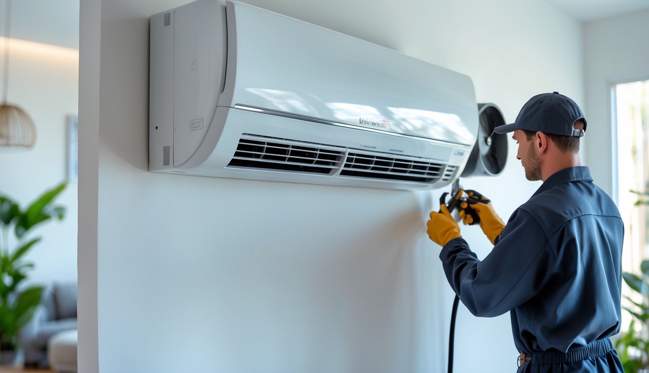 Tehničar instalira inverter klima uređaj na zid u modernom dnevnom boravku.