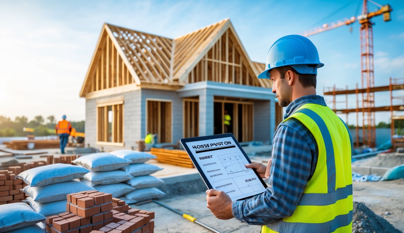 Gradilište kuće s djelomično izgrađenom kućom, radnik s kacigom i planovima, građevinski materijali i oprema na licu mjesta.