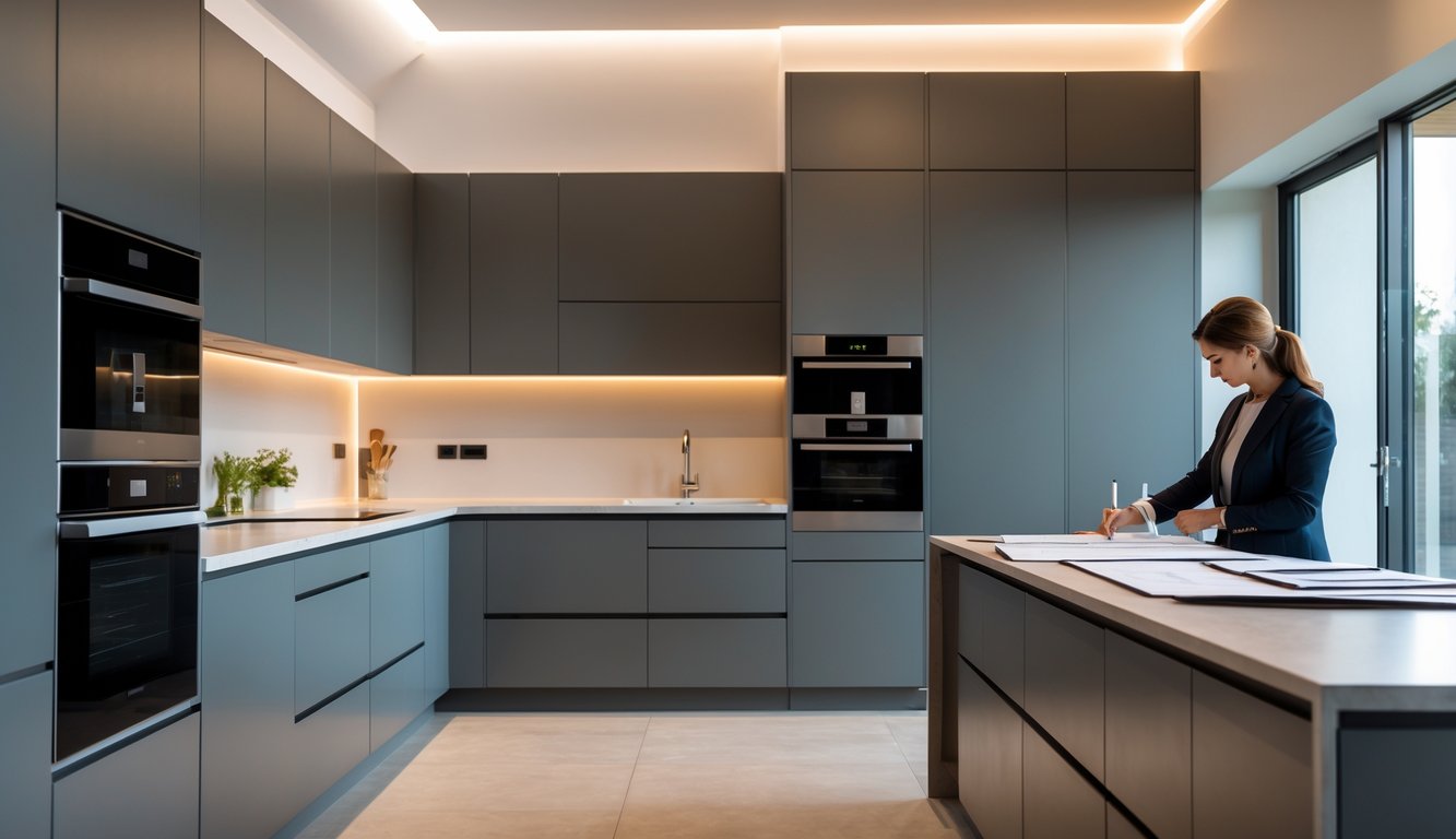 Moderna kuhinja po mjeri s osobom koja pregledava planove ili uzorke kuhinje.