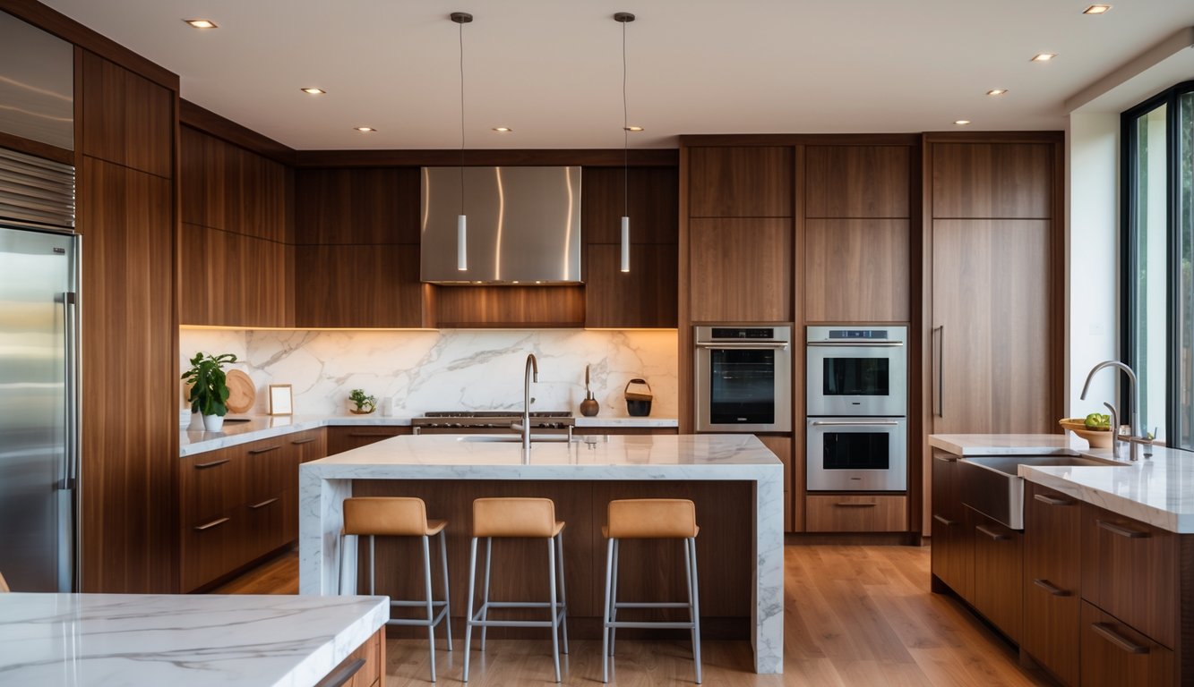 Moderna kuhinja s kuhinjskim elementima po mjeri, uključujući ormariće, radne površine i kuhinjski otok.