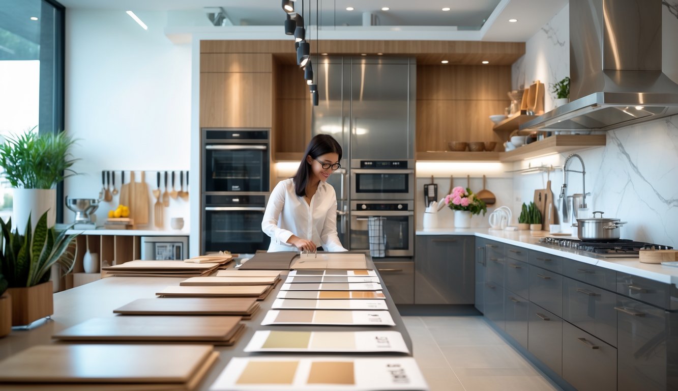 Moderna kuhinja u izložbenom prostoru s osobom koja pregledava uzorke i materijale za kuhinju po mjeri.