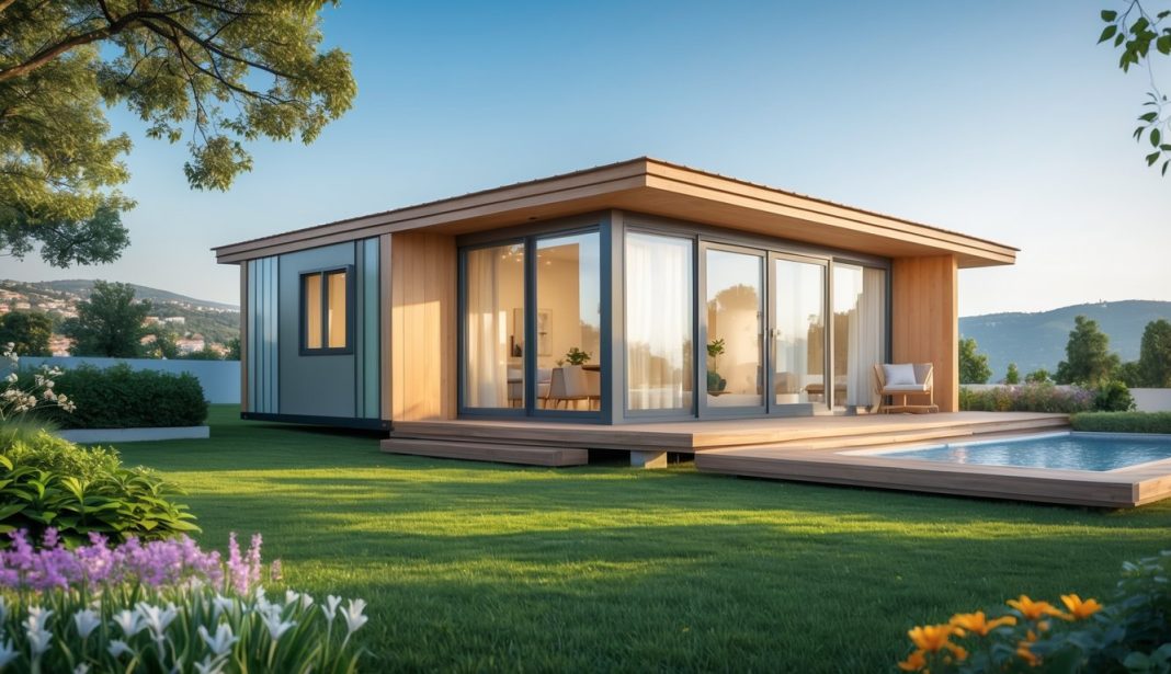 Moderna montažna kuća s vrtom i čistim plavim nebom u pozadini.