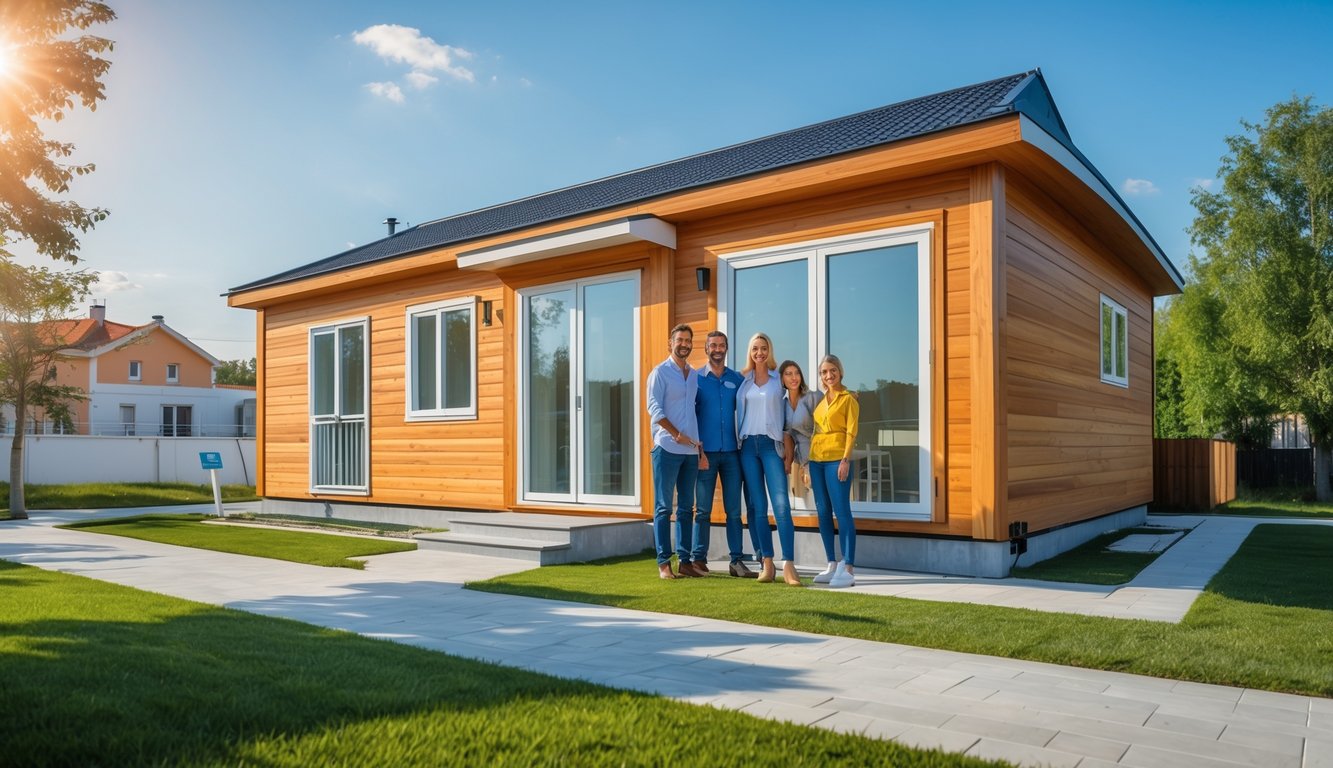 Moderna montažna kuća s obitelji ispred u sunčanom okruženju.