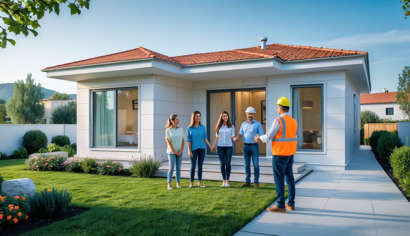 Obitelj prima ključeve ispred moderne montažne kuće u hrvatskom predgrađu.