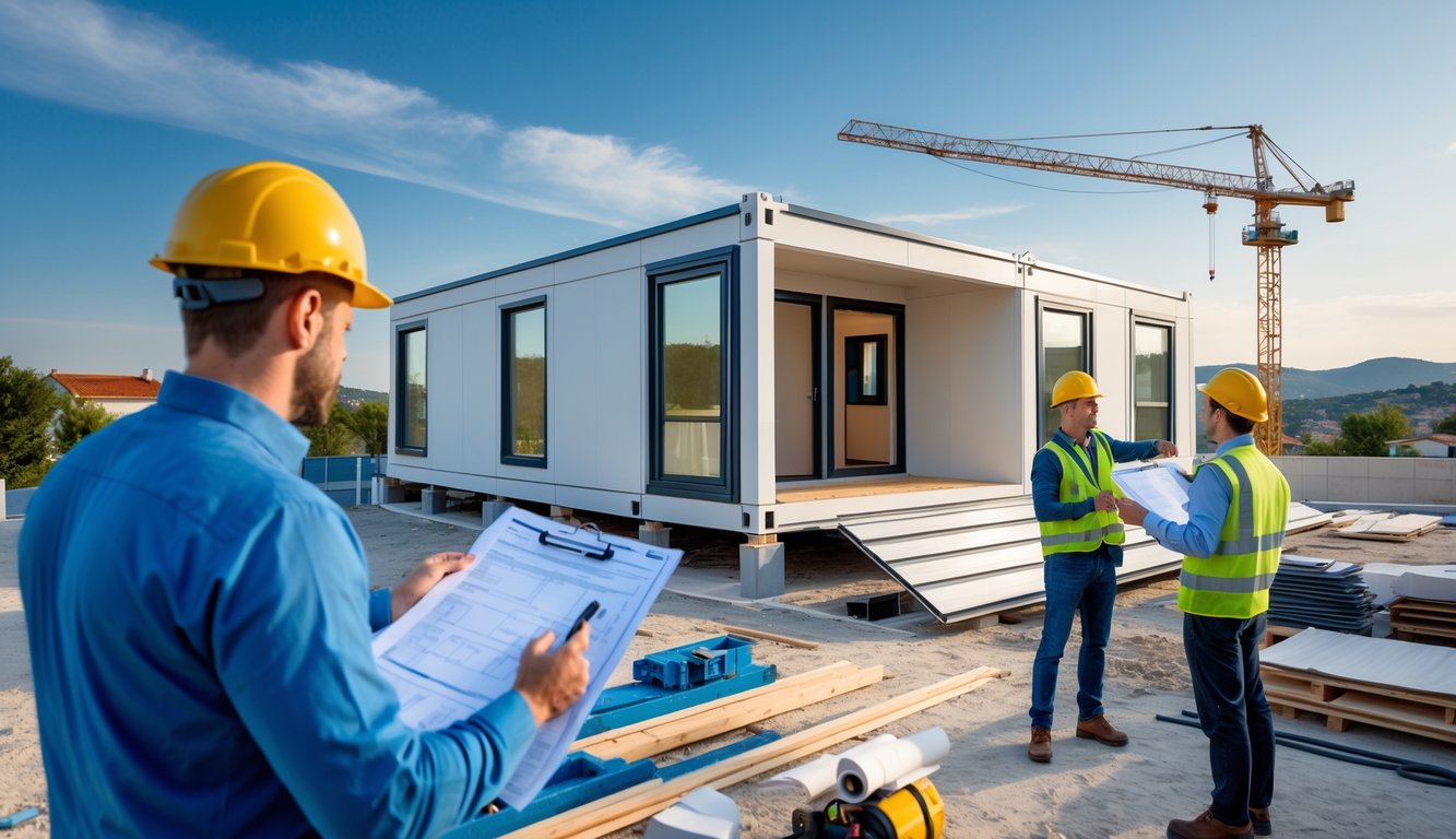 Radnici sastavljaju montažnu kuću dok menadžer pregledava planove na gradilištu u Hrvatskoj.